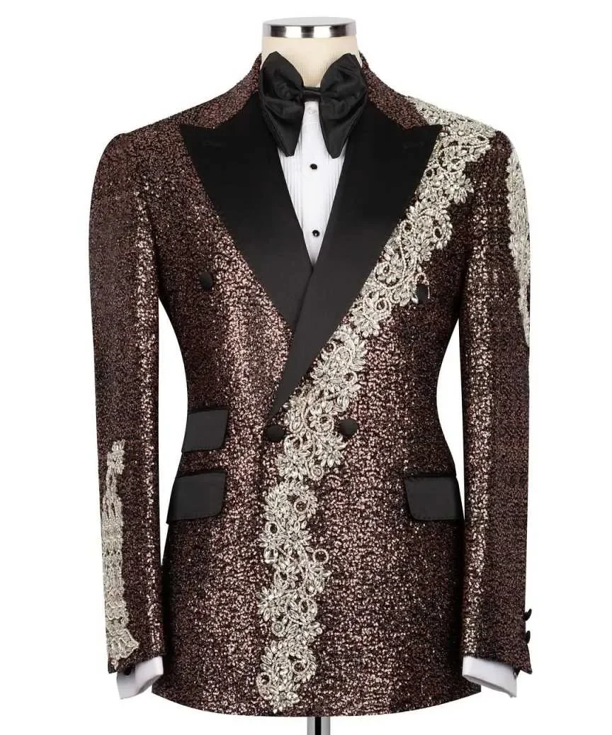 Designer Sequins Wedding Tuxedos Peaked Lapel 2 Pcs Crystal Men Suits Handsome Double Breasted Evening Prom Blazers Customized
