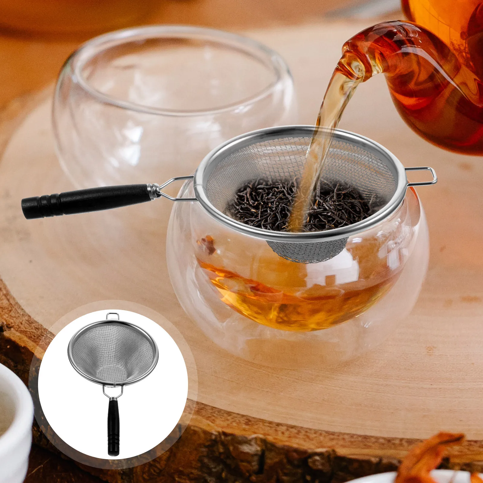 

Fine Mesh Tea Strainer Stainless Steel Wooden Handle Loose Tea Strainer for Home Comfortable Grip Kitchen Use