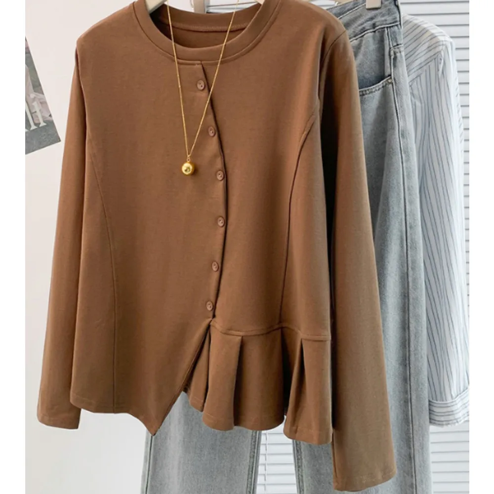 

Женские базовые асимметричные рюши с длинными рукавами, элегантные шикарные футболки, французская осенне-зимняя одежда больших размеров