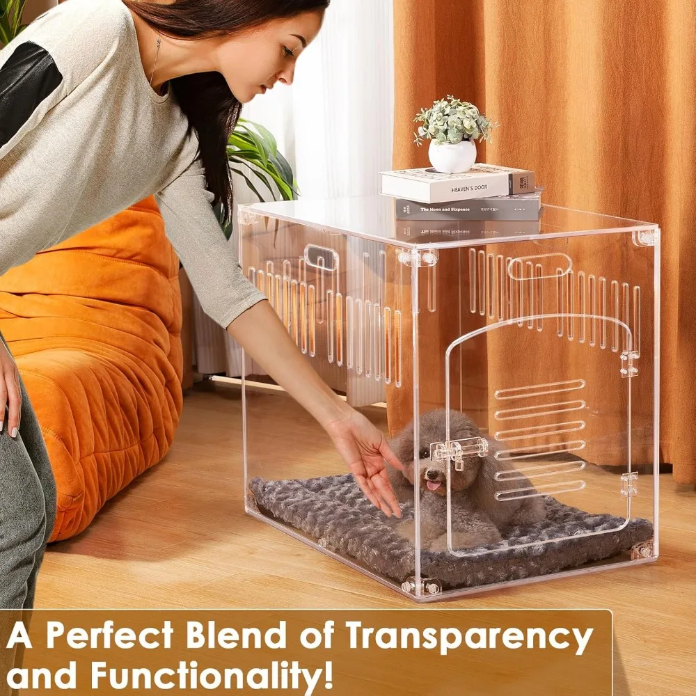 صناديق الكلاب المتوسطة والصغيرة، بيت داخلي من الأكريليك الشفاف، قفص كلب عالي التحمل، قفص كلب على شكل أثاث 27.5 بوصة للمنزل