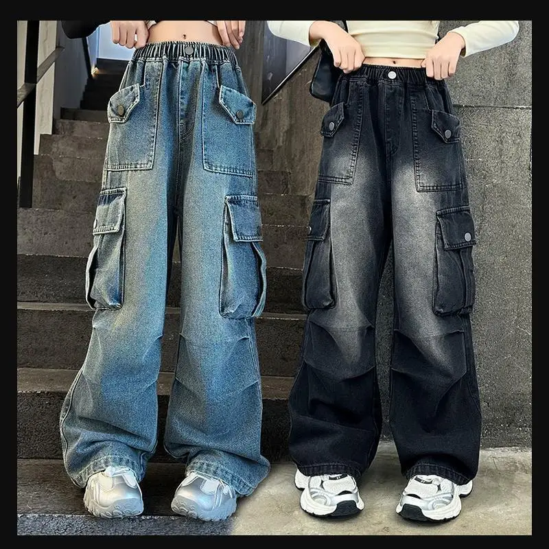 Girls Spring Autumn Cargo Wide Leg Denim Jeans 4‑14Y Kids Elastic High Waist Multi‑Pockets Loose Casual Pants