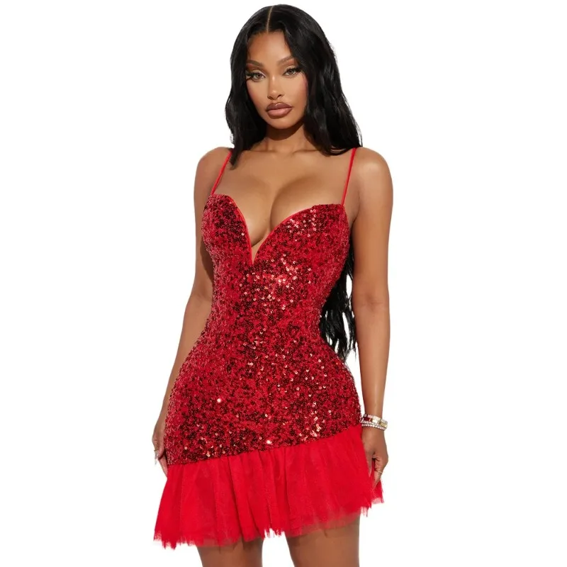 Minivestido ajustado INS con tirantes de retales de malla con lentejuelas para mujer, Vestidos sexys de noche para fiesta y discoteca, para otoño 2024