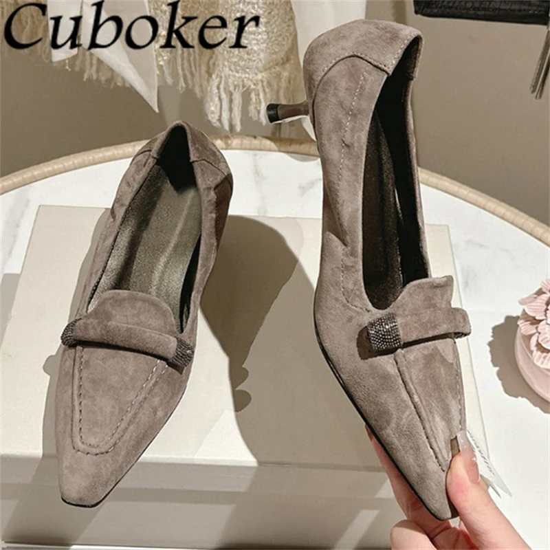 

2024 Summer New Pointy Toe Suede Leather Kitten Heel Single Shoes Women Fashion Slingbacks Sandals Sexy Party Dress Pumps Mujer