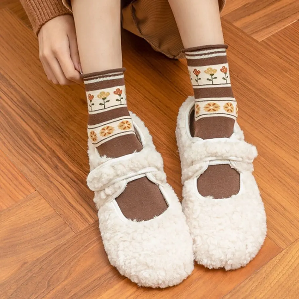 Sweet Flower Middle Tube Socks Flower Thickened Floral Print Socks Breathable Warm Knitted Mid-tube Socks Girl