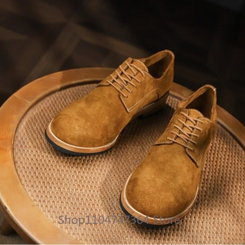 Vintage Cow Suede Derby Dress Shoes Men Handmade British Style Low Top Leather Shoes Male Genuine Leather Casual Derby Horseskin