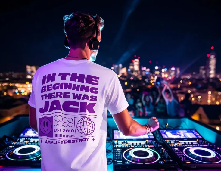 2026 new Back‑Neon‑Purple Rave‑Theme Slogan Graphic Print High‑Quality Comfort Loose Short‑Sleeve Tee