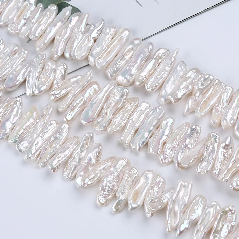 

Hot Wholesale 7.5*25mm White Long Biwa Freshwater Peal Beads Strand