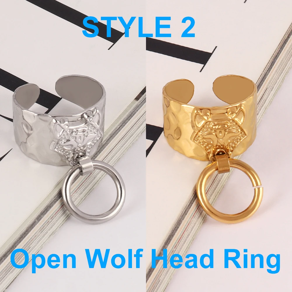 Stainless Steel Leopard Head Band Wide Ring With Circle Punk Geometric Open Wolf Head Finger Rings Designer Party Jewelry Gifts