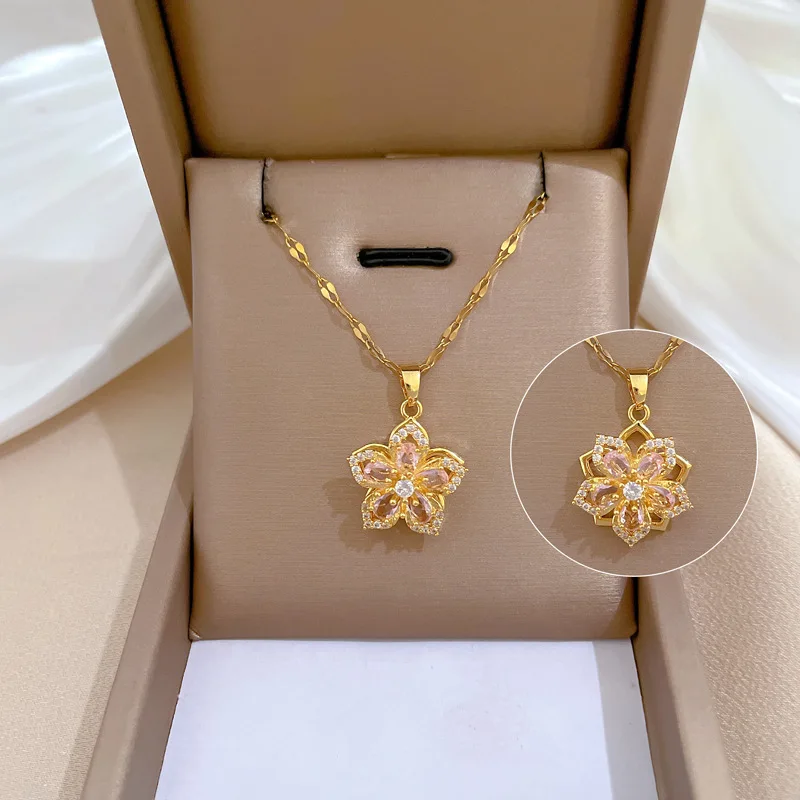 Glänzende Zirkon-Halskette mit drehbarem Blumen-Anhänger für Damen, Edelstahl-Kette, trendiger Schmuck, Accessoires, Geschenke für Freunde
