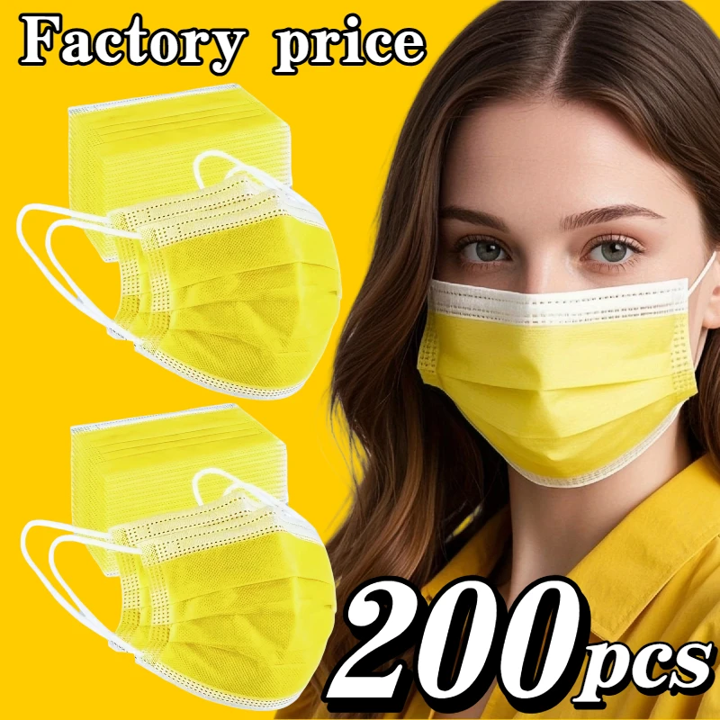 200 unidades de máscaras protetoras descartáveis amarelas – 3 camadas espessadas, respiráveis e confortáveis, presilhas para os ouvidos ajustáveis e almofadas nasal encaixe confortável - 200/100/50/10 peças, baratas pa