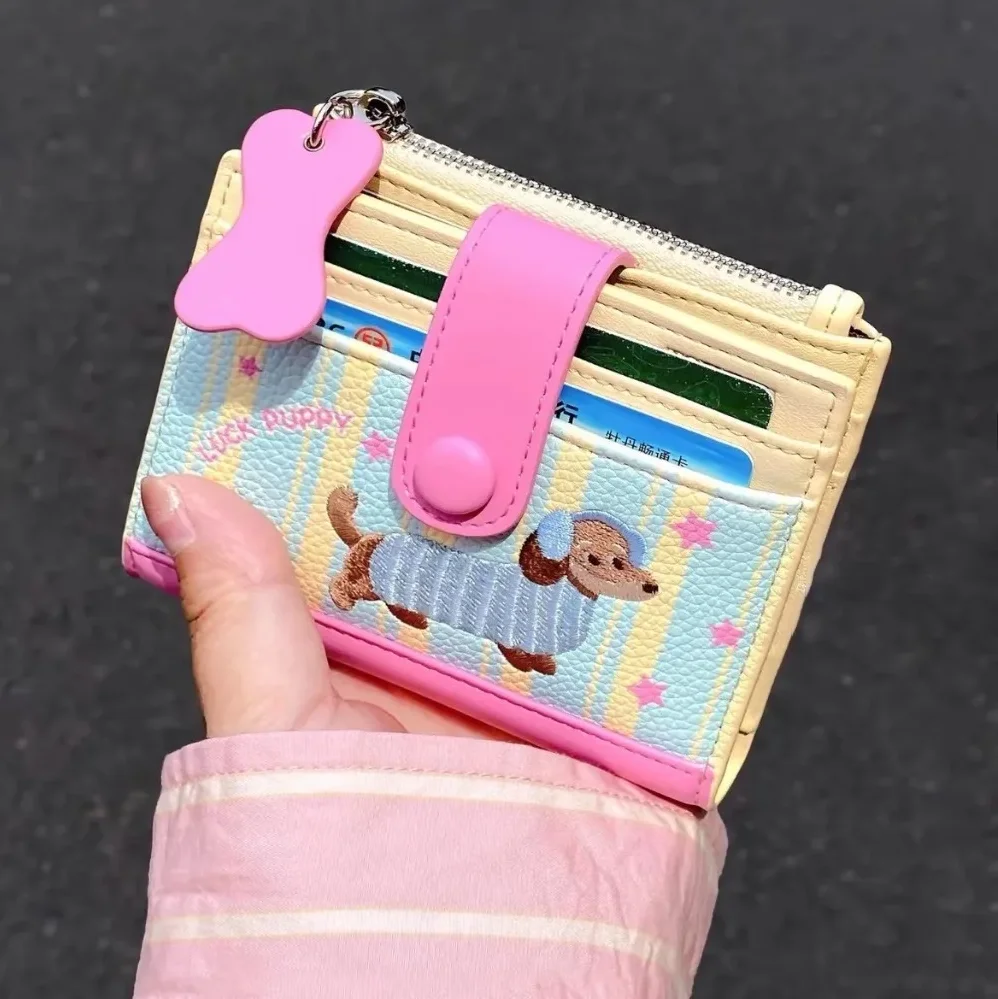 Ins Dachshund Embroidery Short Wallet Dopamine Color Cartoon Dog Card Bag PU Zipper Coin Purse Women Girl