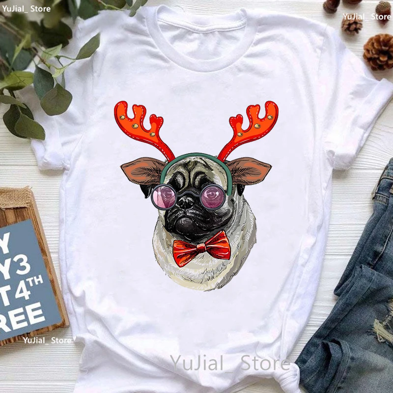 

2023 Hot Sale Kawaii Pug Animal Print T Shirt Girls Christmas Gifts Dog Lover Tshirt Femme Tumblr Clothes Harajuku Shirt