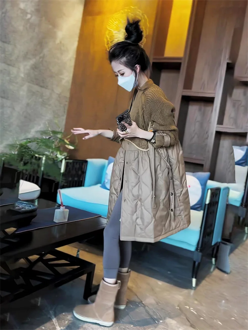 Light Luxury Style Design Sweater Splice Long Down Cotton Coat Women's Autumn and Winter New Coat 2023