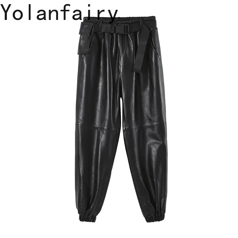 YOLANFAIRY Autumn Women Sheepskin Leather Lantern Pants Elastic Waist 9/10 Length Harem Trousers Real Leather Casual Boot Pants