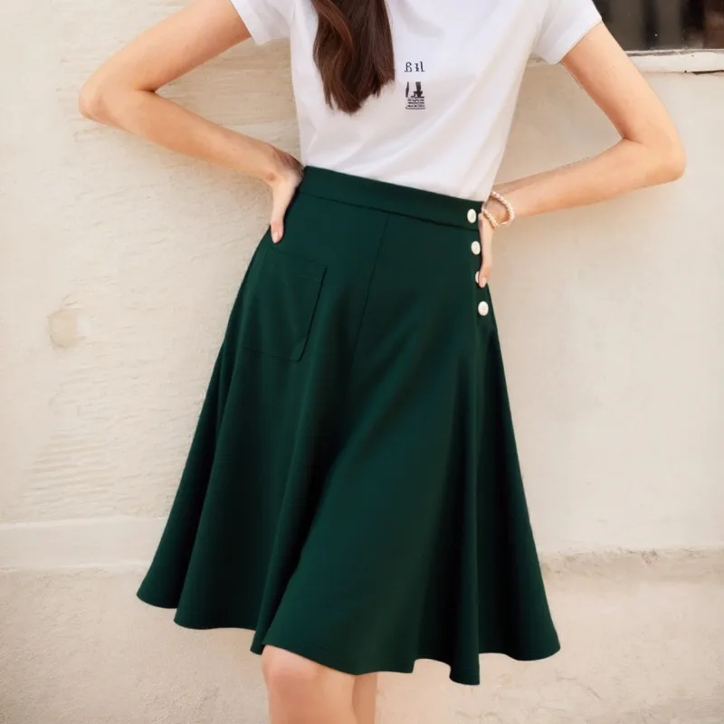2025 New Hepburn Vintage Summer One Pocket Front Buttons Side Swing Skirt Streetwear Women's Green Elegant Fashion Plain Skirts