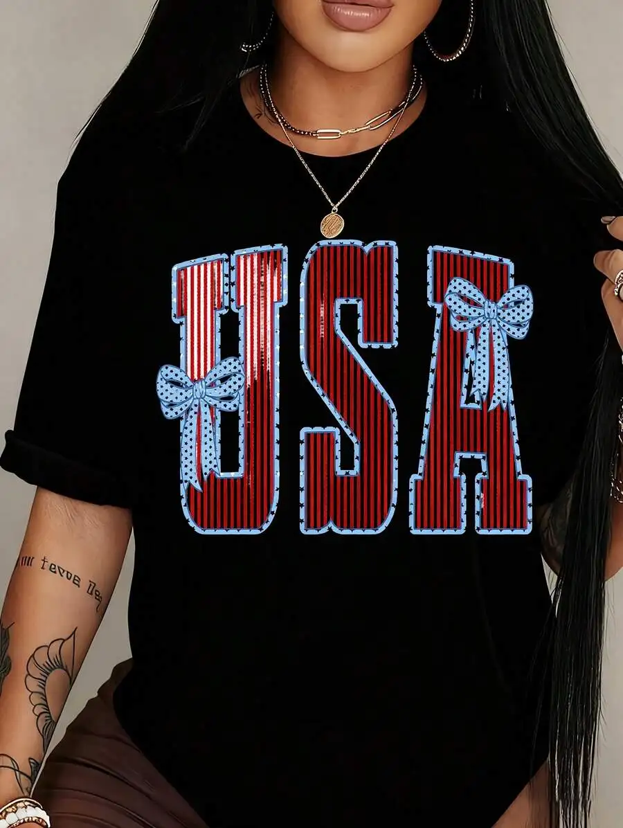 

Womens Patriotic USA Flag Bow Print T-Shirt Casual Round Neck Short Sleeve Tee Soft Breathable Fabric