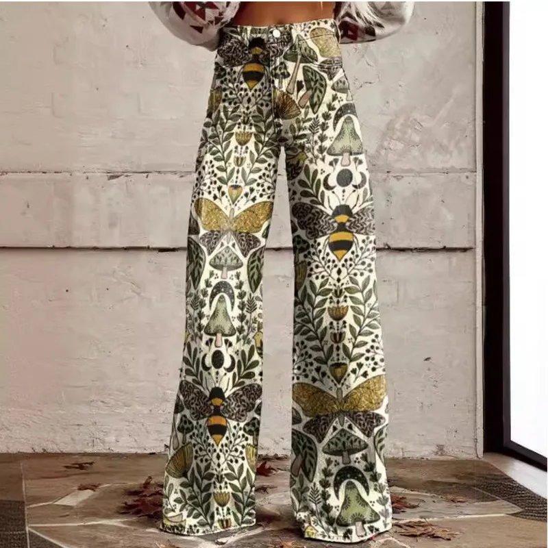 Retro Color Blocking Printed Denim Women's Pants Casual High Waisted Button Up Straight Leg Wide Leg Pants High Street Mop Pants