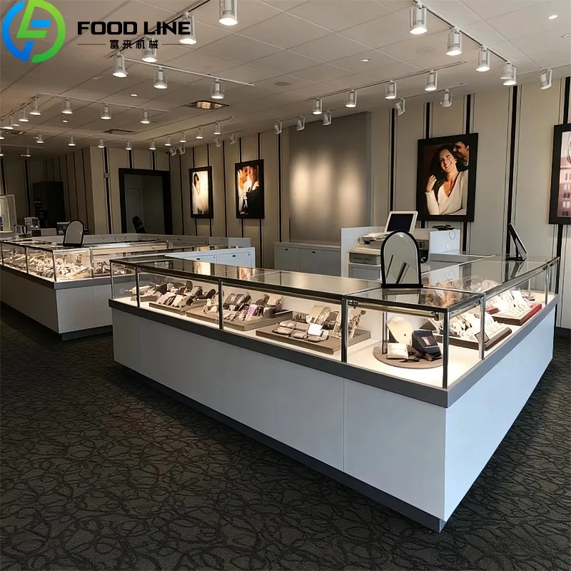 Customized Fire Beige LED Jewelry Display Cabinet with Stainless Steel and Glass Display Cabinet for Store Retail