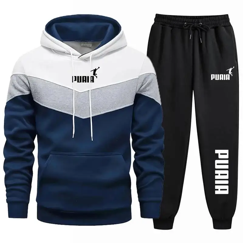 2026 Autumn and winter new men's pullover hoodie + pants two-piece set, fashionable outdoor patchwork jogging men's sportswear