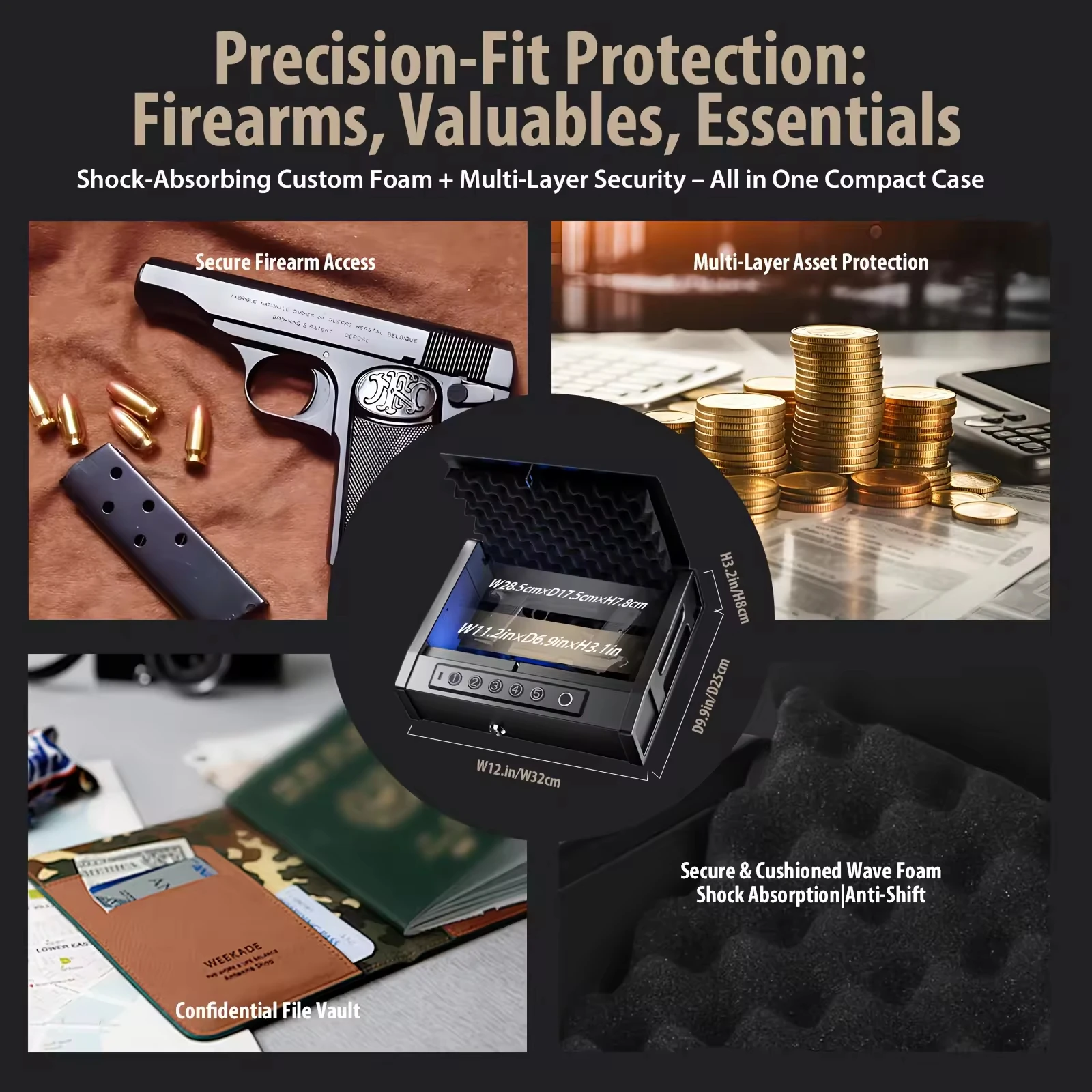 High-security Anti-Theft Fingerprint Password Safe Box Shockproof Vehicle-mounted Gun Safe for Valuables Quick Access