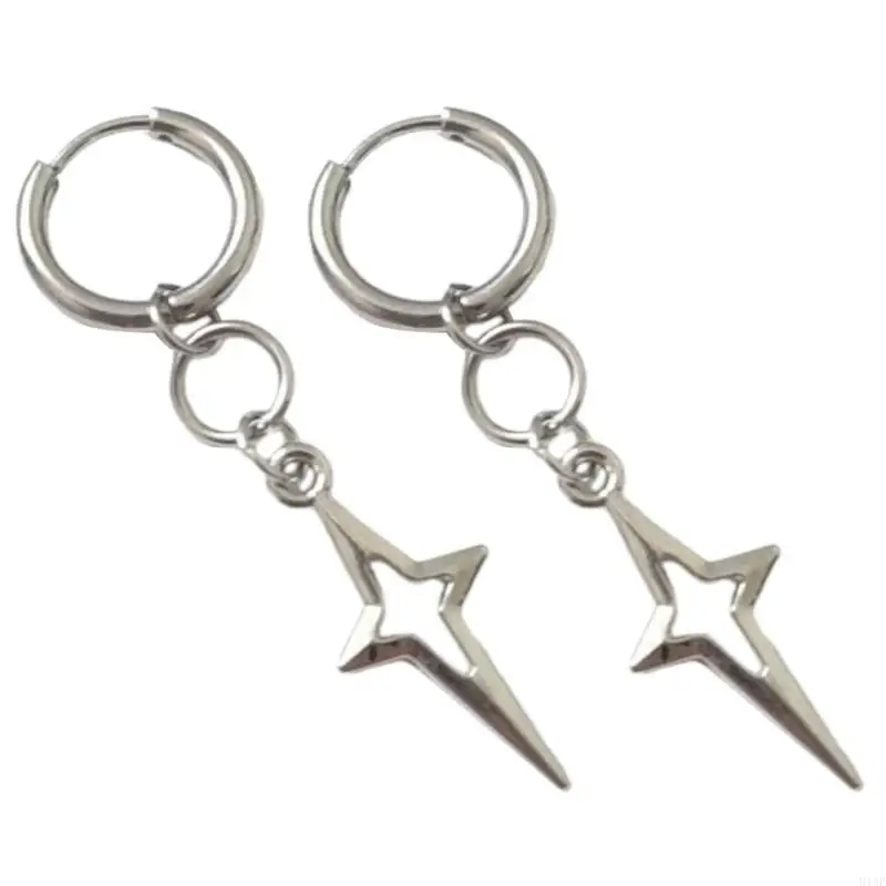 91AF Alloy Hollow Star Dangle Pendent Earrings Hoop Women's Fashionable Ear Rings