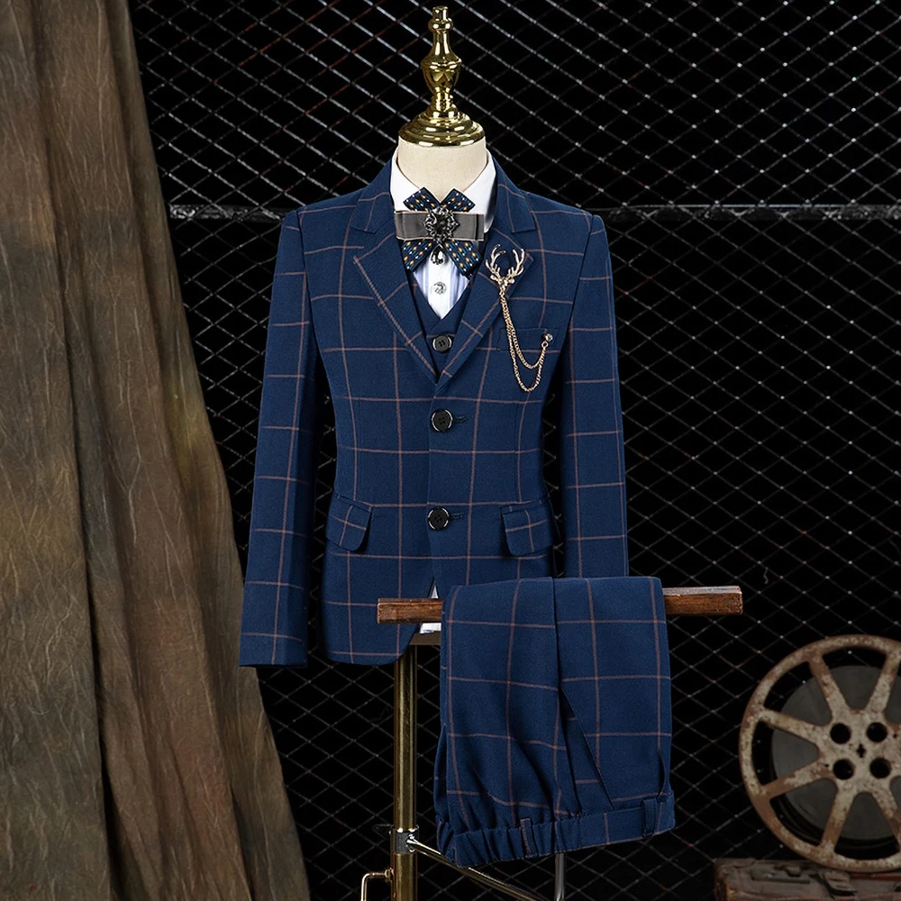 

Chic Plaid Boy Suits 3 Piece Fashion Daily Casual Formal Outfits Notch Lapel Single Breasted Kids Clothes (Jacket+Pants+Vest)