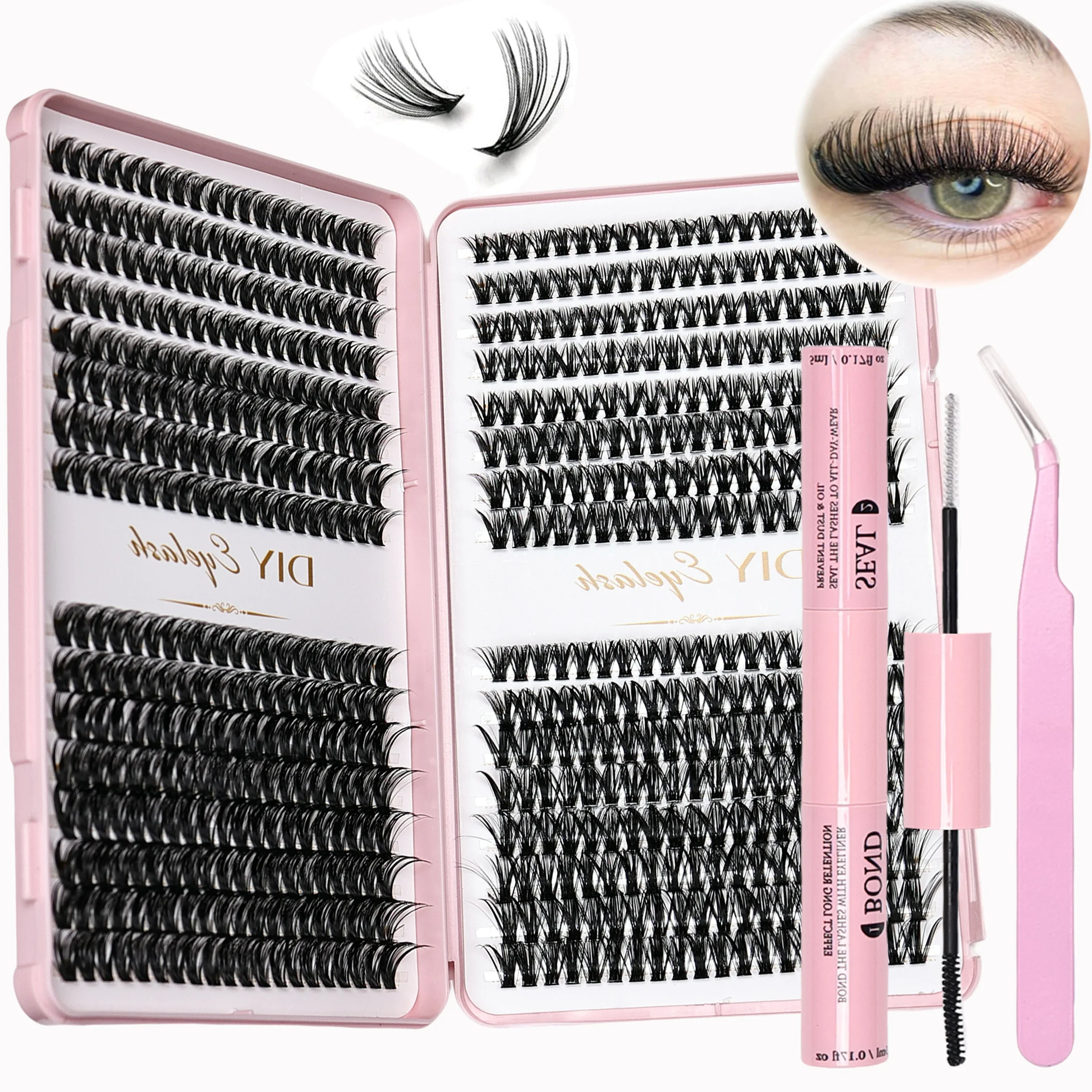 Eyelash Extension Kit Complete 640pcs D Curl Eyelash Extension Kit with Cluster Eyelashes, Applicator and Bond & Seal