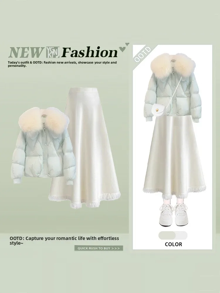 

Korean Sweet Soft Light Blue Fur Collar ort Cotton Coat Warm Outerwear Winter Skirt Set Women's Faion Casual Sle