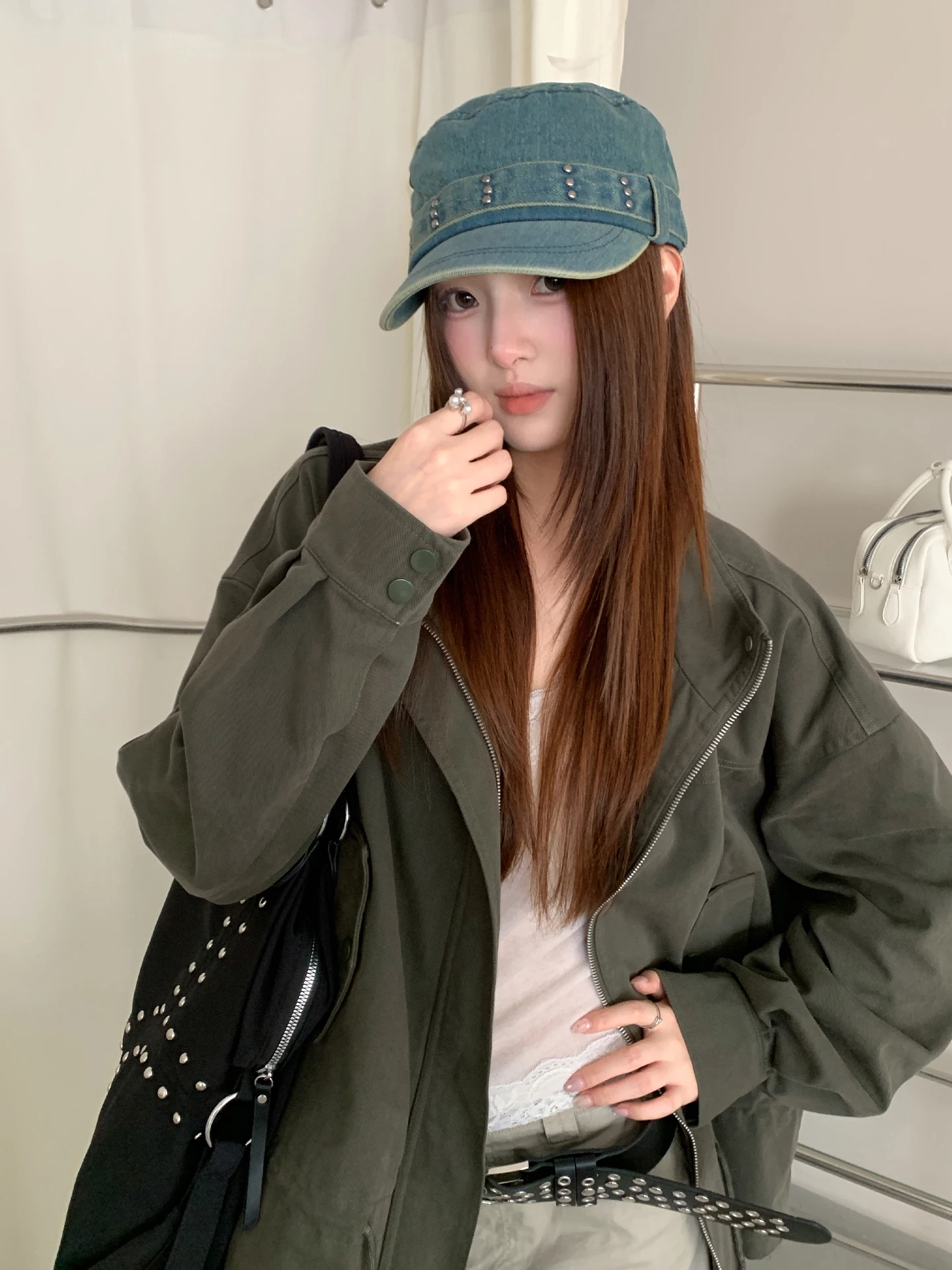 Korean Vintage Distressed Washed Denim Studded Baseball Cap Women's Slimming Flat Top Sun Hat Decorative Equestrian Hat