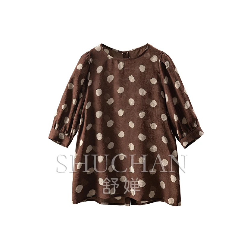 Elegant intellectual blouse polka dot 2025 printing silk bubble crepe five-quarter sleeve shirt new women's 7W44