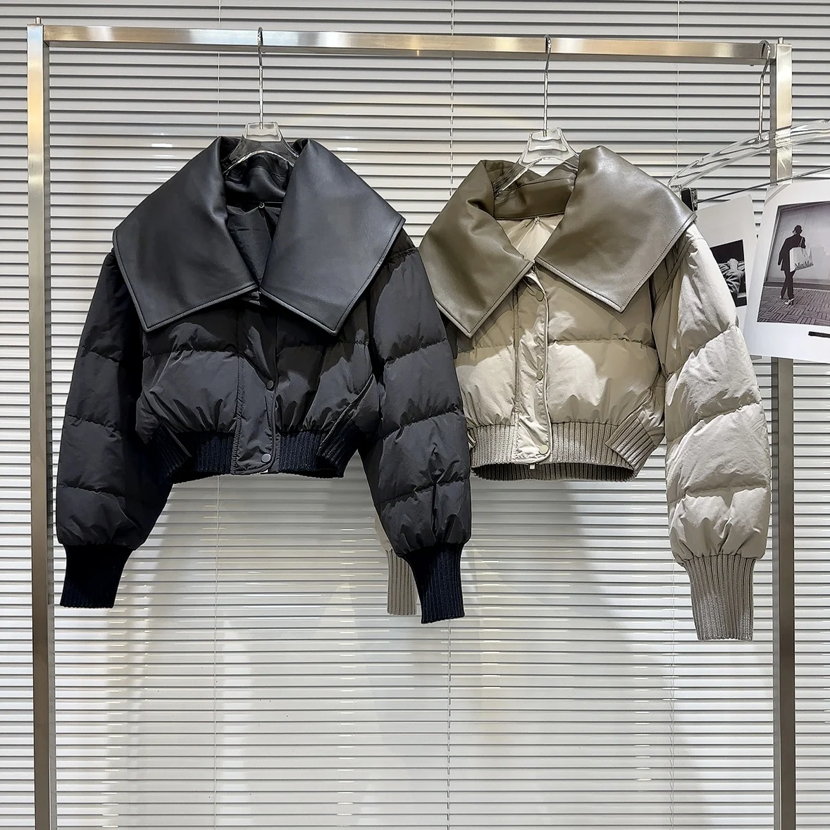 

Winter Leather Big Lapel Short Warm Down Jacket Female Thick Cotton Parker Outwears Women White Duck Down Single Breasted Jacket