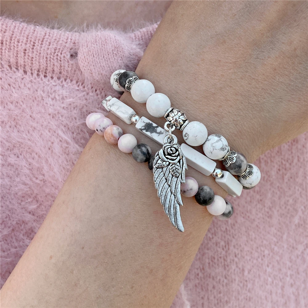 3pcs/set Multicolor Pink Zebra Beads Bracelet Women Natural Stone Quartz Crystal Rose Wing Pendant Bracelets Girls Jewelry Gift image 6