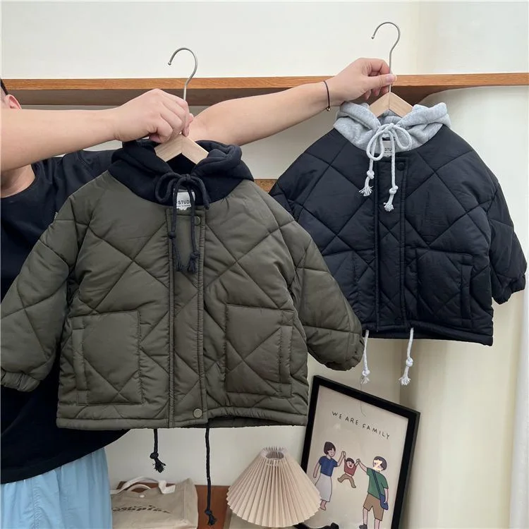 Children Cotton Padded Coats Winter Solid Plaid Warm Boys Girls Hooded Parka 1-8Years Kids Casual Quilted Jackets for 1-8years