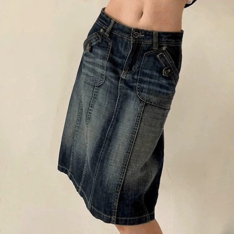 CIBBAR Harajuku Denim Midi Skirt Streetwear Low Rise Pockets Patchwork Straight Skirts y2k Aesthetic Ladies Bottoms Vintage Chic