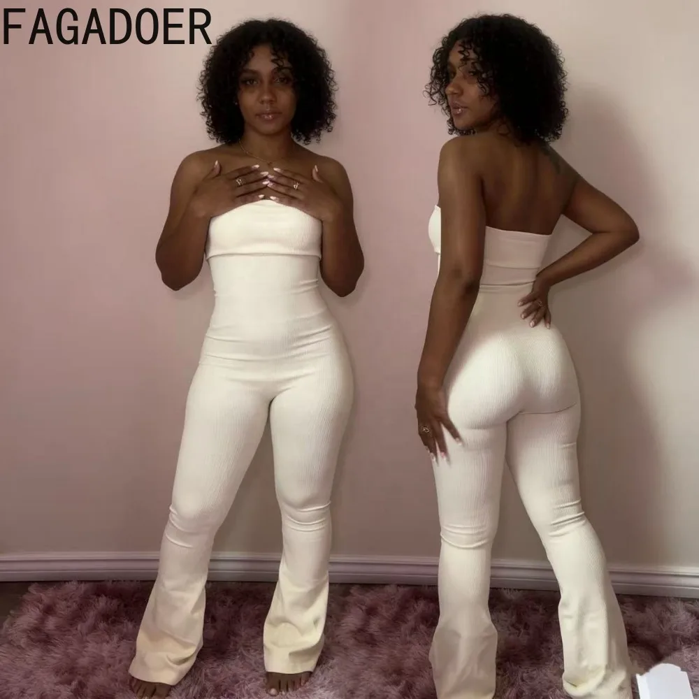 FAGADOER Sexy Strapless Flare Jumpsuit for Women Ribbed Bodycon One Piece High Waist Bell Bottom Stretch Slim Fit Club Outfit