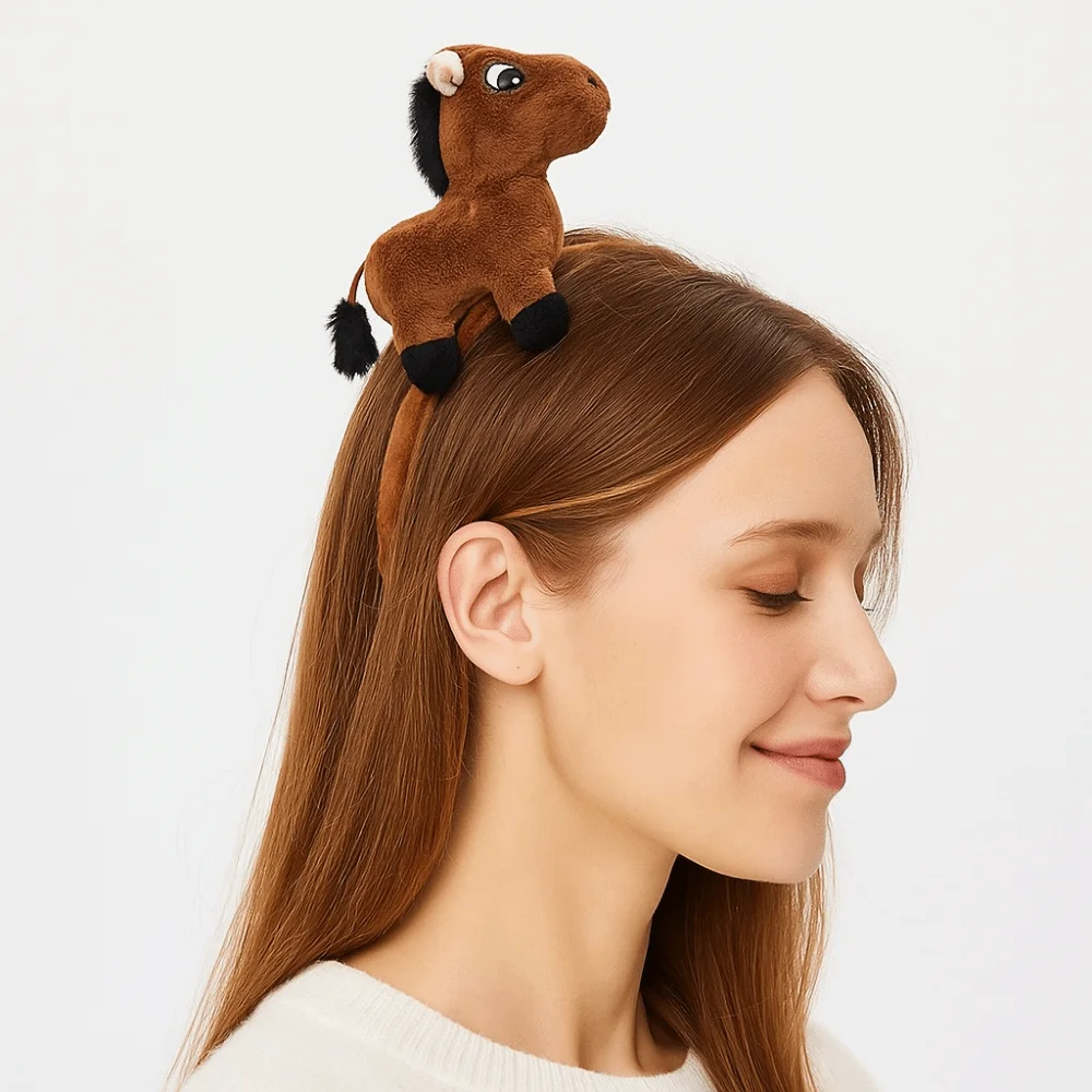 

Creative Cartoon Horse Headband Mascot Pony 2026 New Year Headband Headwear Solid Color Plush Hair Hoop Masquerade Party