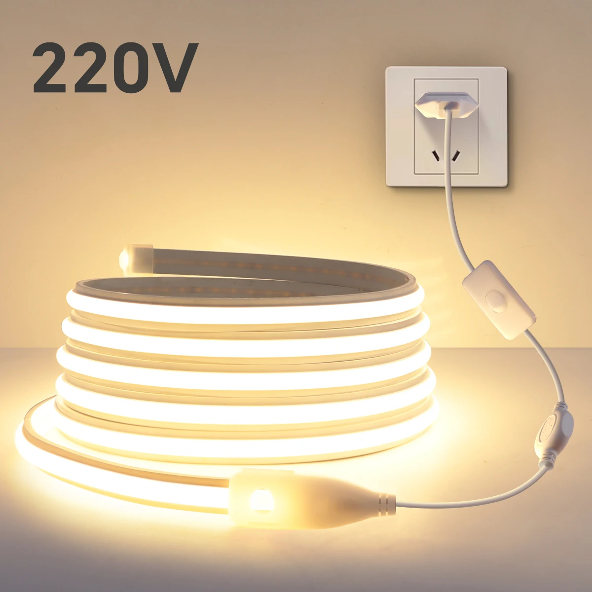 220V Super Bright COB LED Strip with Switch FOB Tape Ribbon EU Plug 30M 25M 20M 15M 10M 5M 3M Neon Lights For Kitchen Room Decor