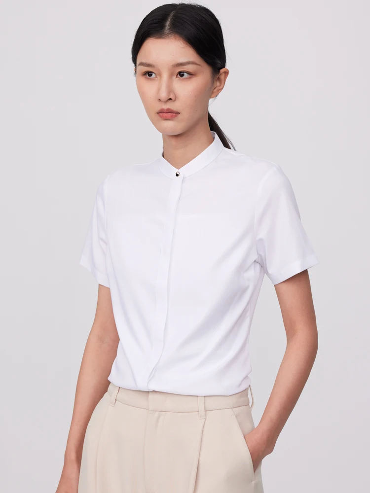 Women's Office Lady Short Sleeve Stand Collar Shirt Without Pocket Hidden Buttons Placket Slim-fit Slight Strech Blouse Shirts