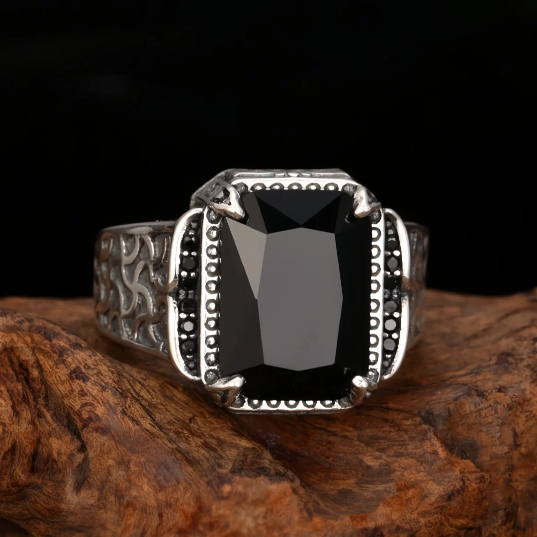 New S925 Sterling Silver Charms Rings for Men Antique Eternal Rattan Pattern Black Agate Adjustable Ring Fine Choice Jewelry
