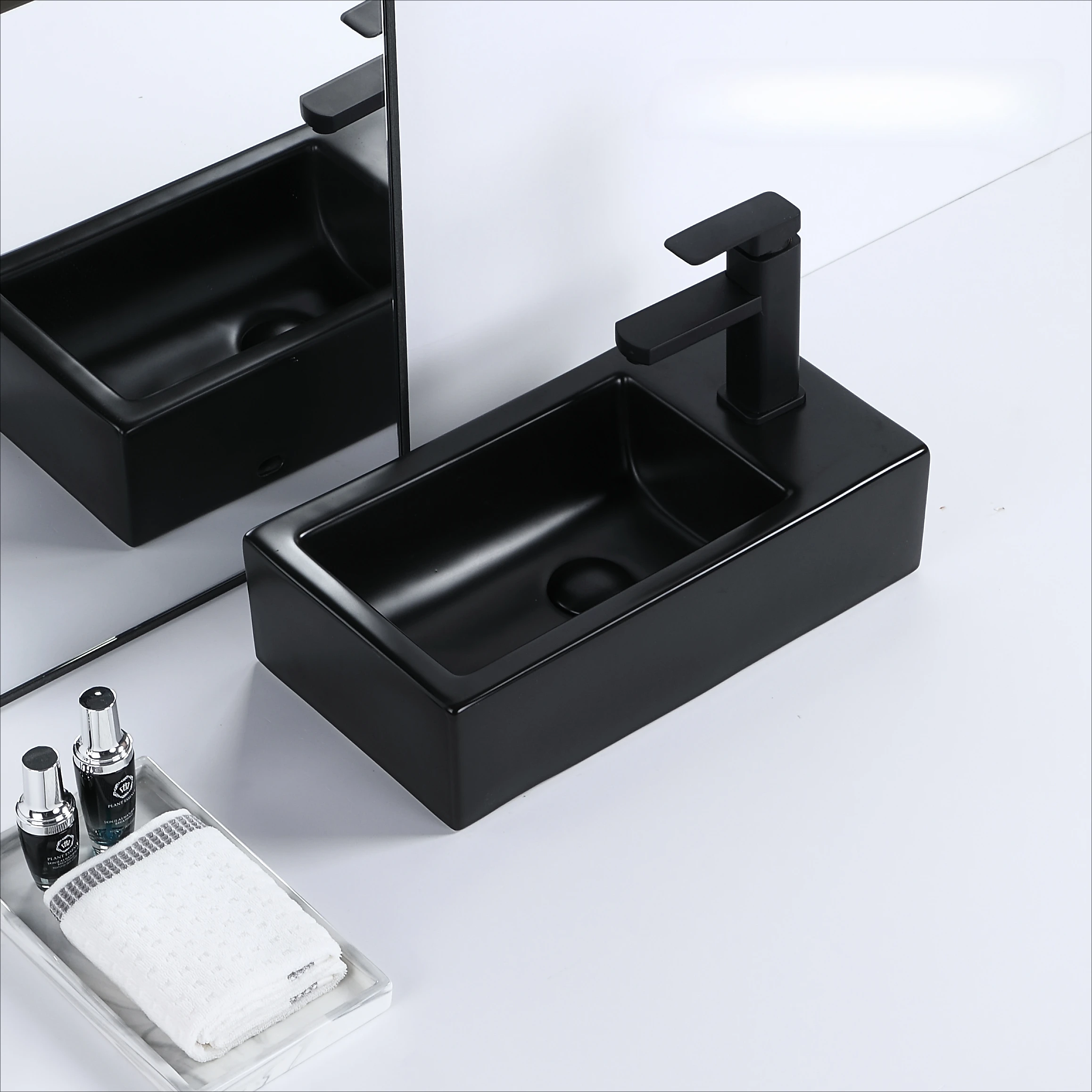 Hotel decorative counter top bathroom sink ceramic art basin matt black hand face wash basin