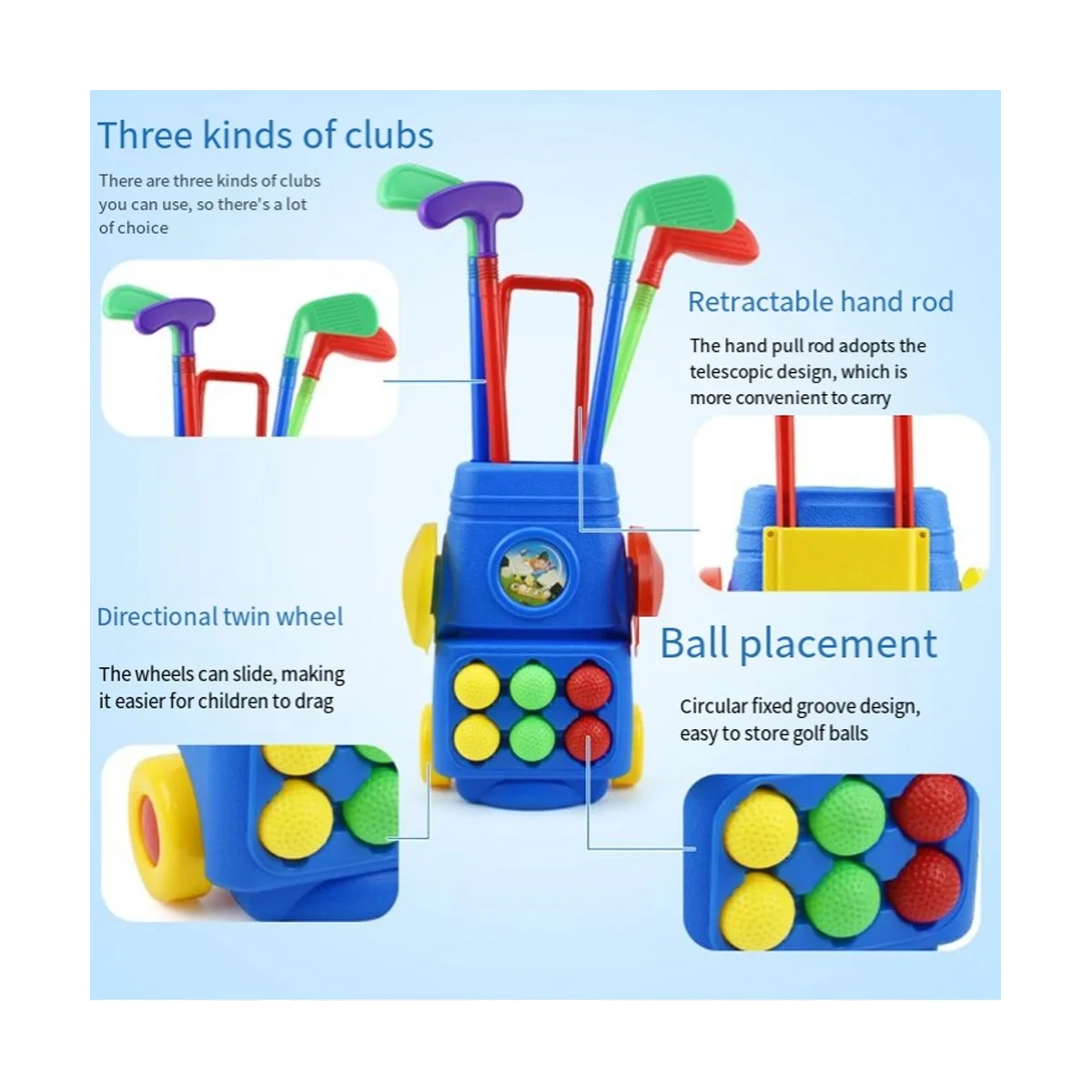 Ensemble de golf pour tout-petits avec 3 bâtons de golf Ik3, 2 trous d'entraînement, voiturette de golf, jouets de sport, cadeau pour les enfants