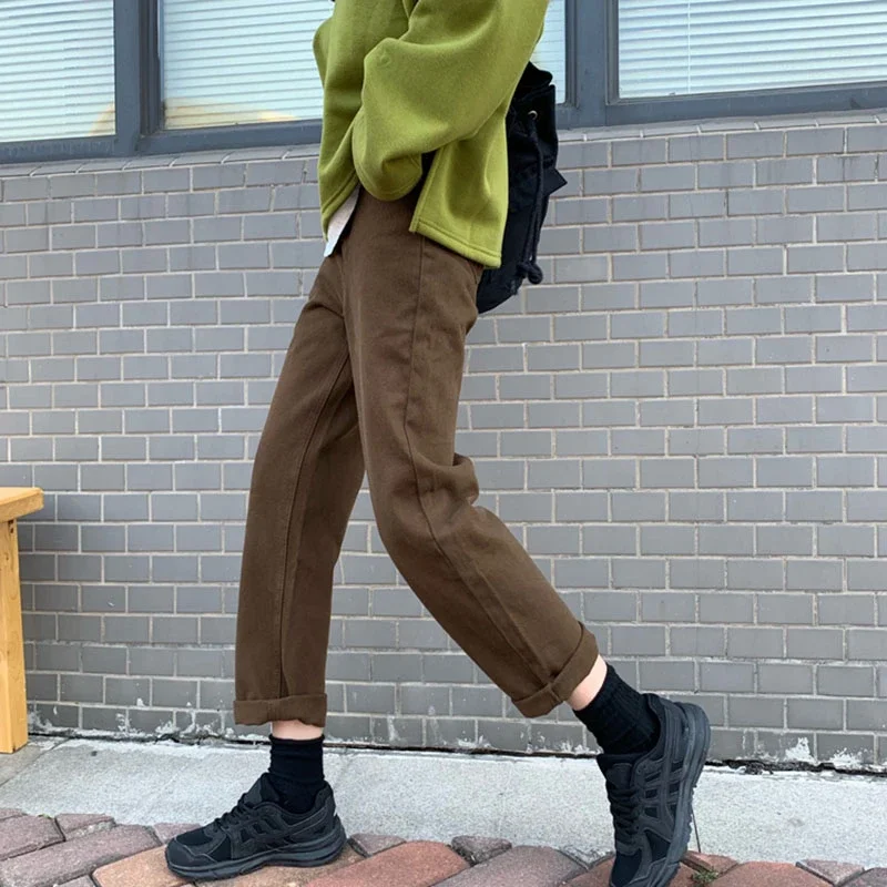 

Women Trousers High Waist Large Size Pants 2023 Spring New Brown Straight Denim Vintage Slender Office Lady Jeans Female Casual