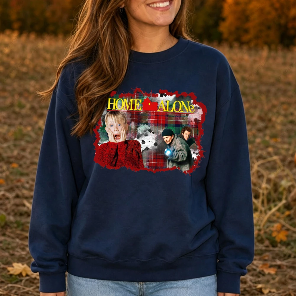 Home Alone Plaid Kevin Bandits Flashlight Graphic Women Casual Long Sleeve Sweatshirt Classic Christmas Film Cozy Loungewear