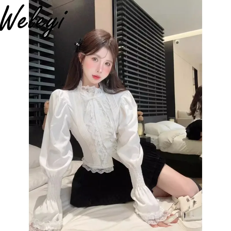 Sweet Lace Bubble Long Sleeve Versatile Shirts Ropa Mujer Autumn Cute French Court Style Slim Fit Women Luxury Koszule I Bluzki