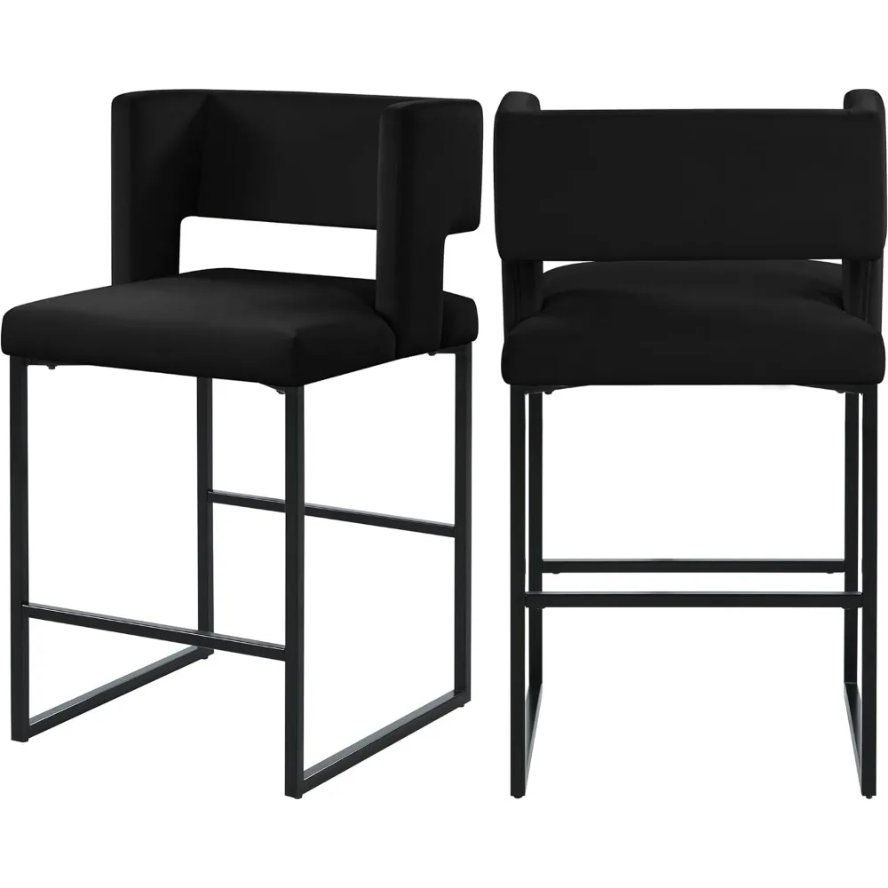 Contemporary Counter Height Stool with Unique Square Back and Sturdy Iron Legs, Set of 2 Black Velvet