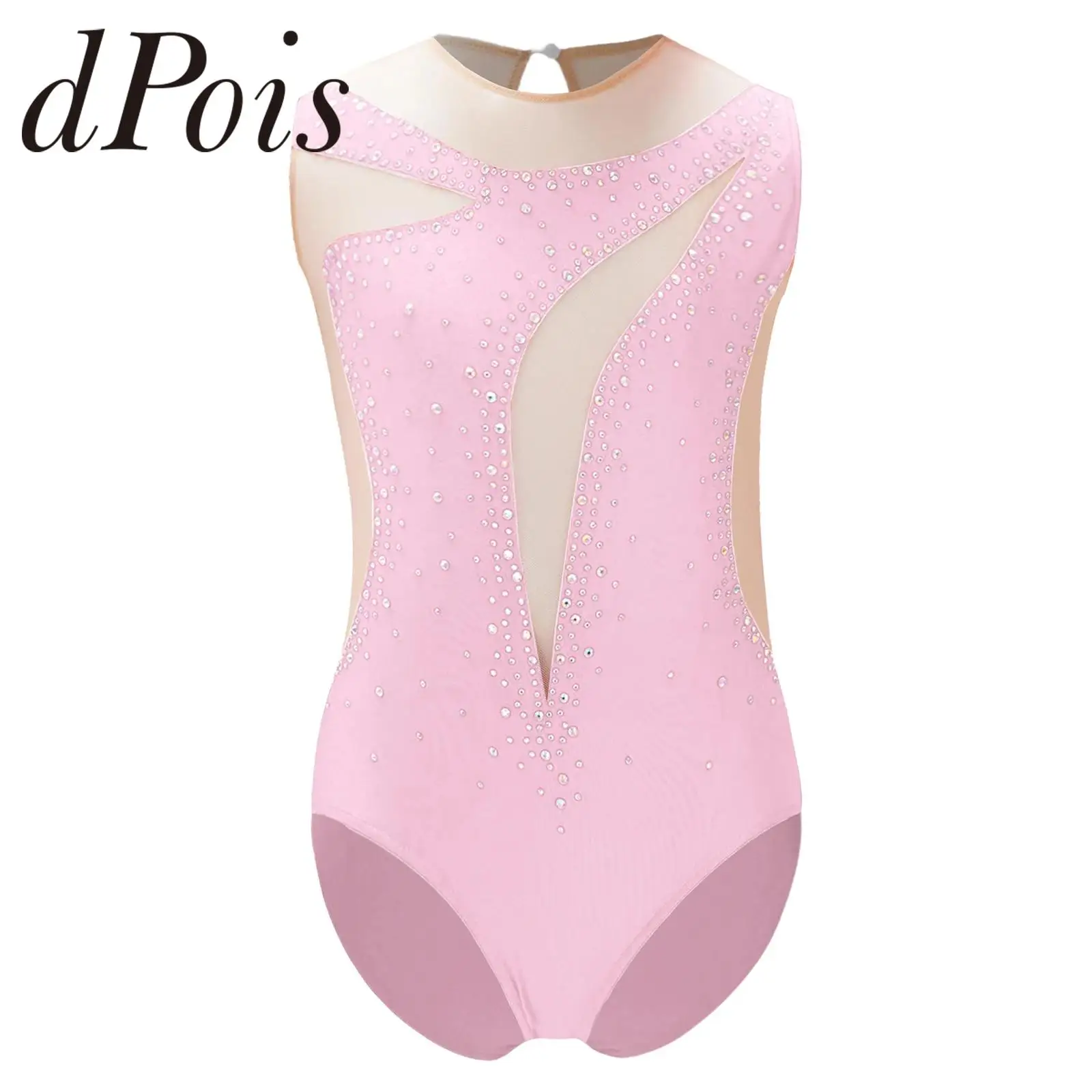 Kids Dance Figure Skating Jumpsuit for Girls Rhinestone Gymnastics Leotard Mesh Patchwork Bodysuit Children's Ballet Clothes