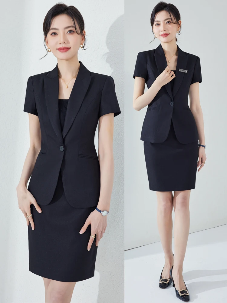

Professional Thin Short Sleeve Women's Suit Set Summer Counter Workwear Bank Sales Office Uniform Slim Fit Button up Polyeste...