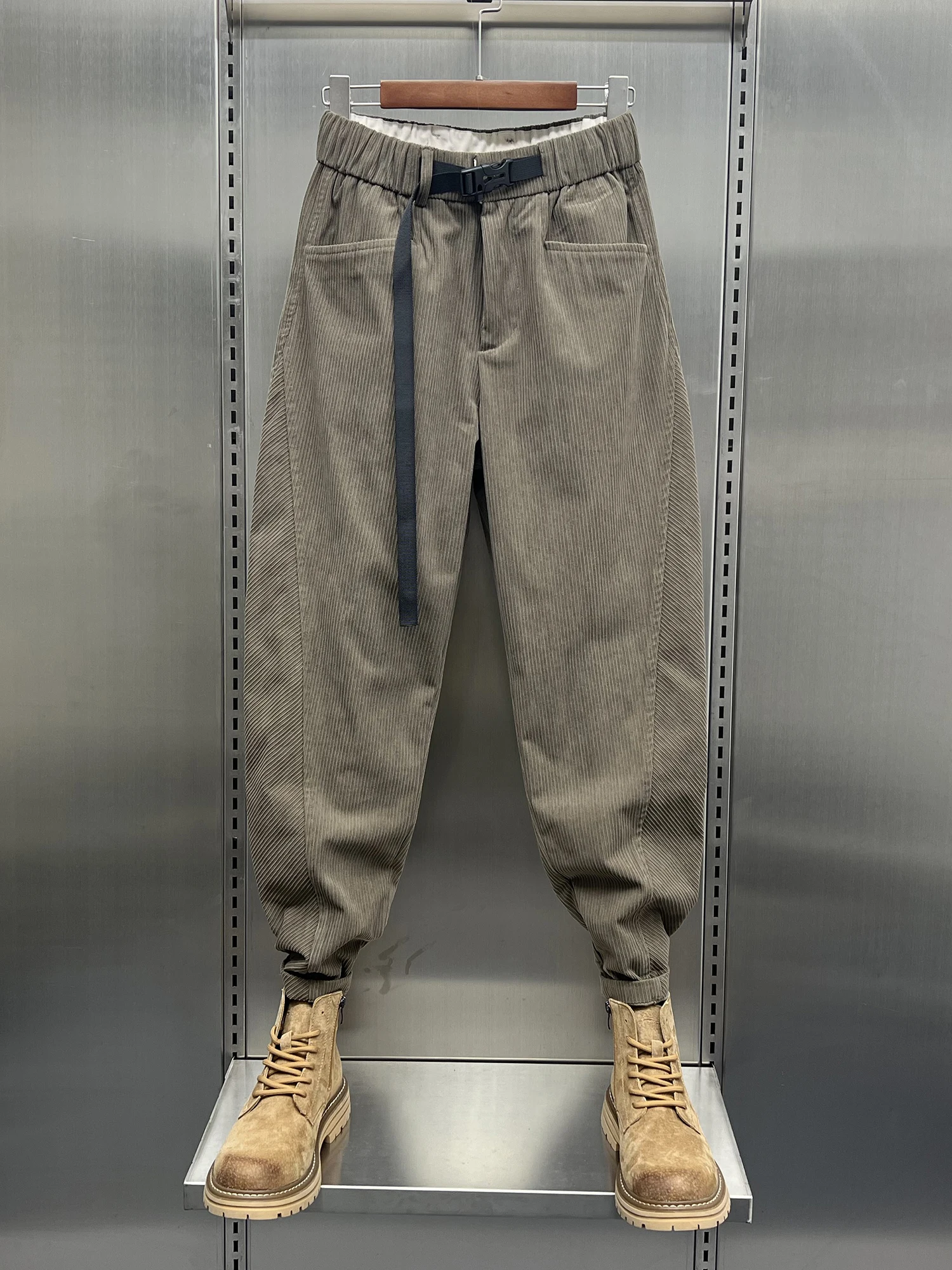 

Autumn Corduroy Casual Pants Men's Loose Waist Belt Design Dad Pants Winter Fce Workwear Trousers Straight Leg Long Pants