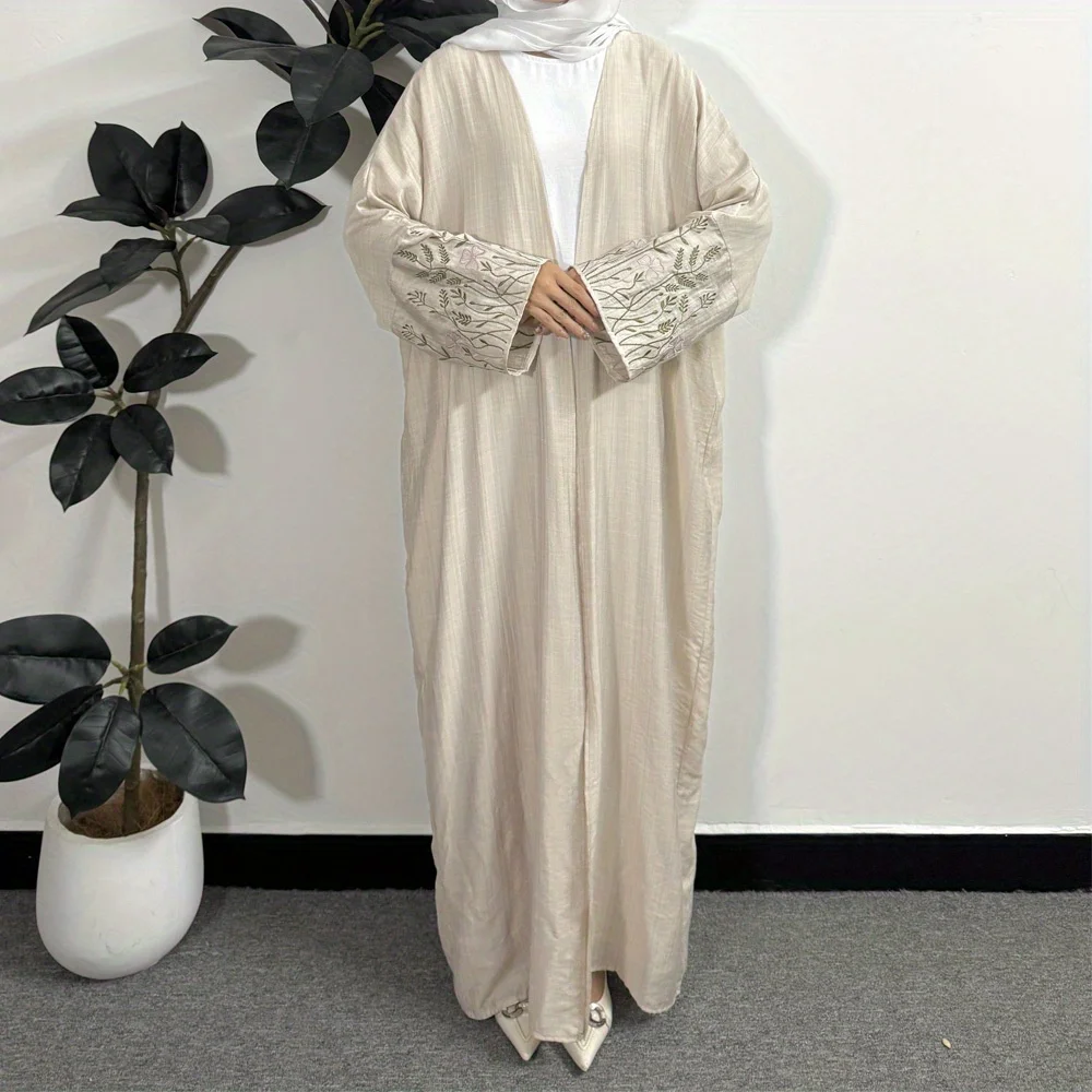 Open Front Abaya Muslim Kaftans Embroidery Long Sleeve Maxi Length Ramadan Prayer Dresses Islamic Clothing Muslim Jilbabs