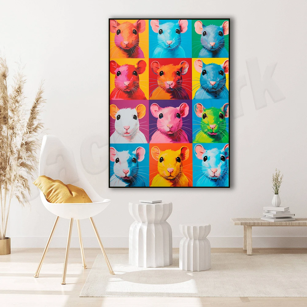 Retro pop style Andy Warhol mouse painting wall print canvas poster, pop art mouse picture living room home decoration